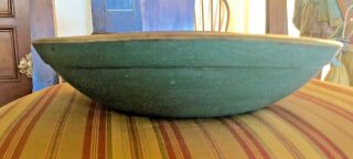 Antique Primitive 12 ",  Out Of Round Wooden Treen Dough Bowl,  Lip And Green Paint