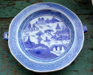 Antique 19th C.  10 1/8 " Chinese Export Blue & White Canton Warming Dish Plate Nr