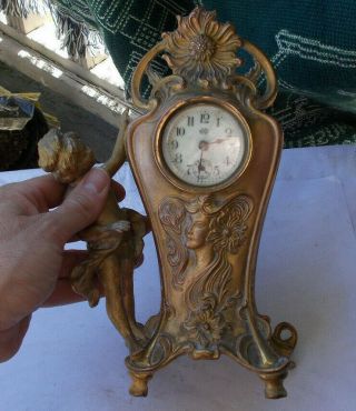 Vintage 10 " Shelf Mantel Clock Cherub Sun Flower Wind Up Jennings Bros.  Ct Brass