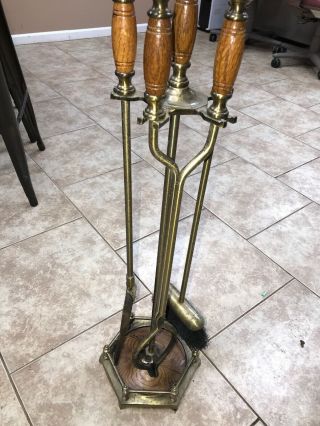 Vintage Brass 5 Piece Hearth Fireplace Tools Set W/wooden Handles & Base C - 8107