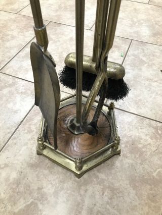 Vintage Brass 5 Piece Hearth Fireplace Tools Set W/Wooden Handles & Base C - 8107 3