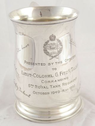 Solid Sterling Silver 1 Pint Mug Tankard Military Royal Tank Regiment 1951 366 G