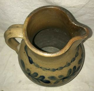 ANTIQUE SALT GLAZED COBALT DECORATED STONEWARE PITCHER UNUSUAL VINTAGE CROCK OLD 2