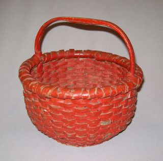 Antique Vtg 19th C 1800s Woven Oak Splint Basket Footed Small 9 " Early Red Paint