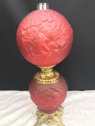 Antique Fostoria Psyche & Cupid Gone with The Wind Oil Lamp Red Satin Glass Rare 12