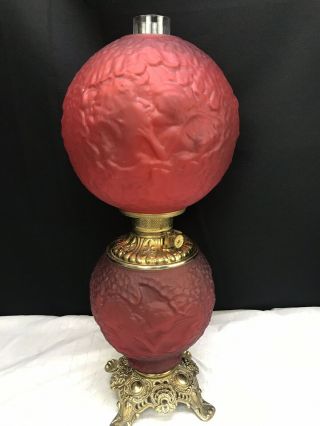 Antique Fostoria Psyche & Cupid Gone With The Wind Oil Lamp Red Satin Glass Rare