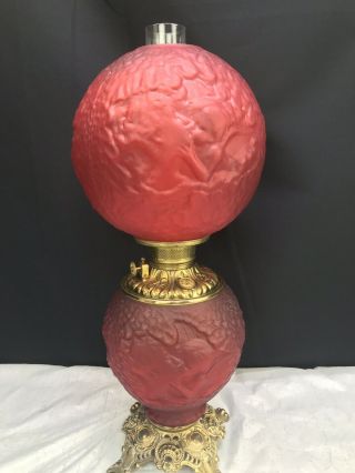 Antique Fostoria Psyche & Cupid Gone with The Wind Oil Lamp Red Satin Glass Rare 2