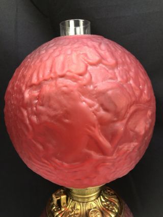 Antique Fostoria Psyche & Cupid Gone with The Wind Oil Lamp Red Satin Glass Rare 3