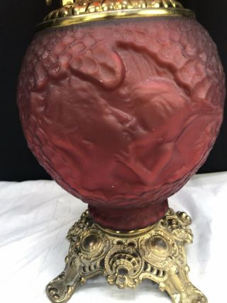 Antique Fostoria Psyche & Cupid Gone with The Wind Oil Lamp Red Satin Glass Rare 4