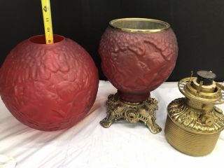 Antique Fostoria Psyche & Cupid Gone with The Wind Oil Lamp Red Satin Glass Rare 7