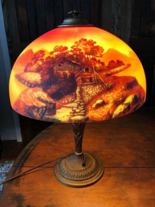 Antique Pairpoint Scenic Reverse Painted Table Lamp Farm Cottage Scene