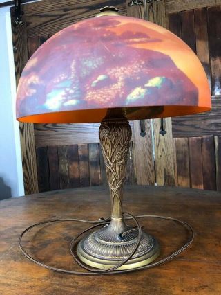 Antique Pairpoint Scenic Reverse Painted Table Lamp Farm Cottage Scene 3