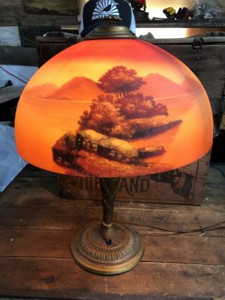 Antique Pairpoint Scenic Reverse Painted Table Lamp Farm Cottage Scene 7