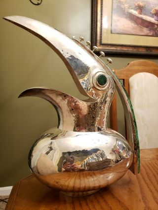 Taxco Large Handwrought Silverplate Toucan Pitcher With Inlaid Malachite 12.  5 "