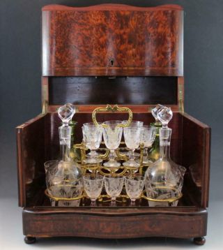 Antique Burl Walnut Veneer Tantalus Box W/ Rosewood Inlay 4 Decanters & Glasses