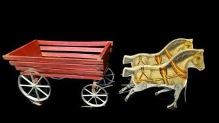 Rare Antique 1890s Gibbs Gray Beauty Pacers Wooden Paper Litho Pull Toy Wagon