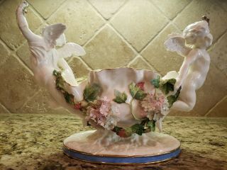 English Moore Floral Porcelain Centerpiece Bowl w 2 Cherubs 2
