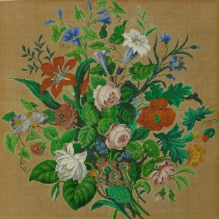Antique Large Hand Painted Floral Berlin Woolwork Embroidery Pattern 2 - 19th C