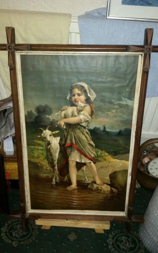 Antique Oxford Frame Picture,  Print Of Girl With Goats.