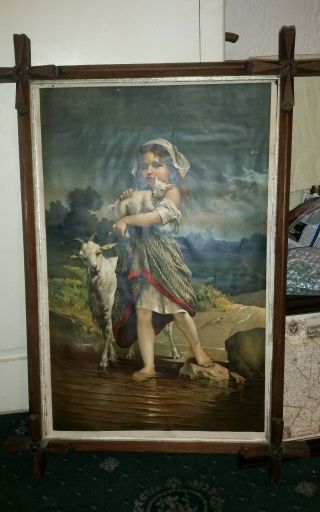 Antique Oxford frame picture,  print of girl with goats. 2
