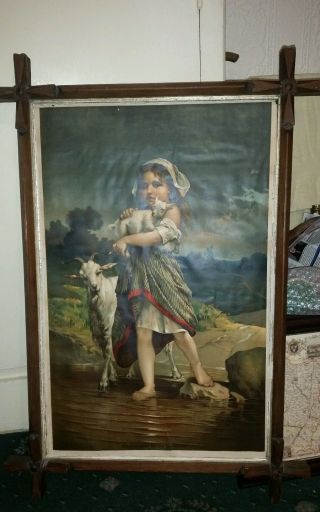 Antique Oxford frame picture,  print of girl with goats. 3
