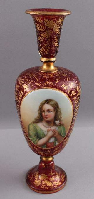 Antique 19thC Victorian Moser Bohemian Enamel Paintings Art Glass Portrait Vases 7