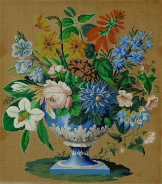 Antique Large Hand Painted Berlin Woolwork Embroidery Pattern - Flowers & Vase