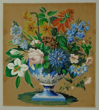 ANTIQUE LARGE HAND PAINTED BERLIN WOOLWORK EMBROIDERY PATTERN - FLOWERS & VASE 2