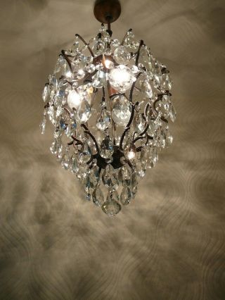 Vintage 3 Light Brass And Crystal Old Cage Style Chandelier / Lamp