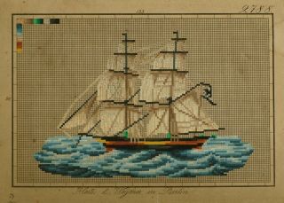 Antique Small Hand Painted Berlin Woolwork Pattern 2788 - Sailing Ship - 19th C