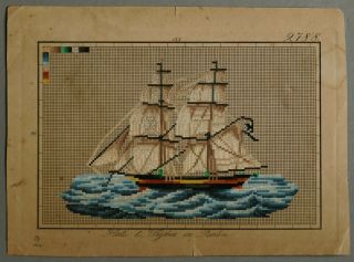 ANTIQUE SMALL HAND PAINTED BERLIN WOOLWORK PATTERN 2788 - SAILING SHIP - 19th C 2