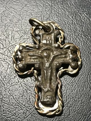 Byzantine Bronze Cross 10th - 12th Century Ad - - Enclosed In Gold 10k Rope Pendant
