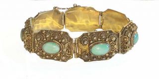 Vintage Chinese Silver Filigree & Jade Cabochon Bracelet,  As Found