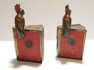 Antique Pair Red Parrot World Atlas Pompeian Bronze Clad Bookends Circa 1920 