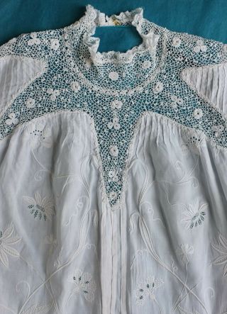 Antique Edwardian Embroidered Linen And Crochet Lace Dress Bodice/ Blouse