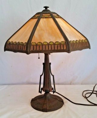Antique Art Nouveau Table Lamp,  8 Panel Caramel Bent Slag Glass Shade 19 " D X 23 " T