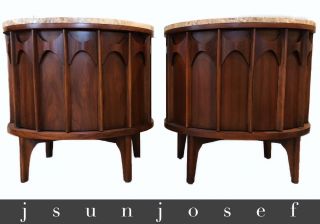Pair Rosewood Mid Century Kent Coffey Perspecta Marble Top Commodes Cabinets