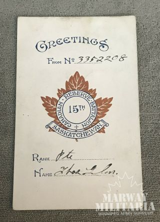 Ww1 Cef Postcard Greetings From 15th Reserve Battalion Saskatchewan Id 