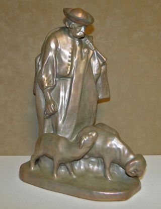 Rare Large Zsolnay Figurine Shepherd With Sheep Ca:1920 