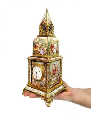 Bohemian A Large Antique Viennese Enamel Clock Austrian Bronze Hand Painted