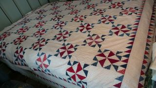 Antique Quilt Top Pinwheel,  Red,  White,  Blue 80 " X90 "