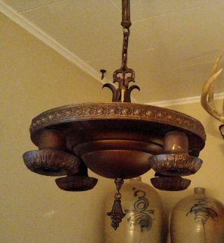 Pair Vintage 4 Light Bronzed Brass Floral Pan Chandeliers Ceiling Fixtures 2