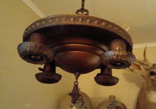 Pair Vintage 4 Light Bronzed Brass Floral Pan Chandeliers Ceiling Fixtures 3