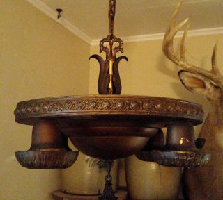 Pair Vintage 4 Light Bronzed Brass Floral Pan Chandeliers Ceiling Fixtures 4