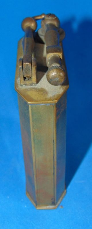 Antique large BRASS LIGHTER WITH MARKS ON BOTTOM SEE.  & FLIP ARM 3