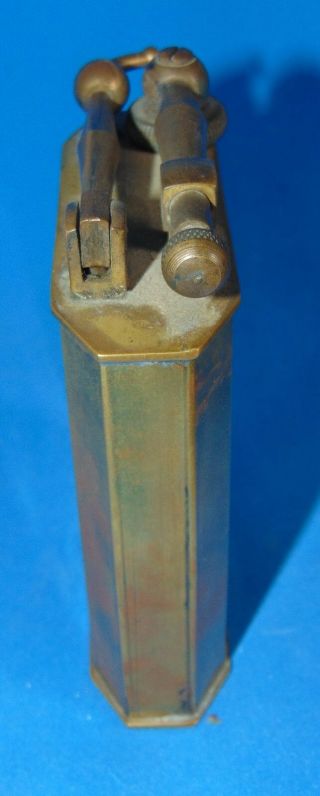 Antique large BRASS LIGHTER WITH MARKS ON BOTTOM SEE.  & FLIP ARM 8