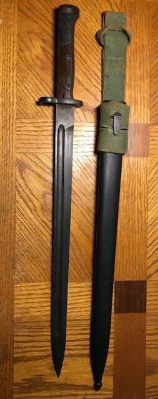 WWI style bayonet 1907? w/ scabbard and canvas frog, . 7