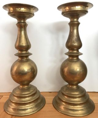 Solid Brass 16 " Tall Pillar Candle Holder Pair - Floor Mantel Fireplace - Italy