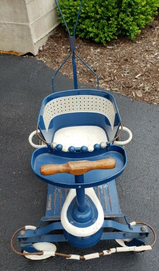 Vintage 1940 - 50s TAYLOR TOT Blue White Baby Stroller Walker 5