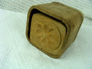 Antique Primitive Wooden Butter Mold Rare Square Carved Wood Flower